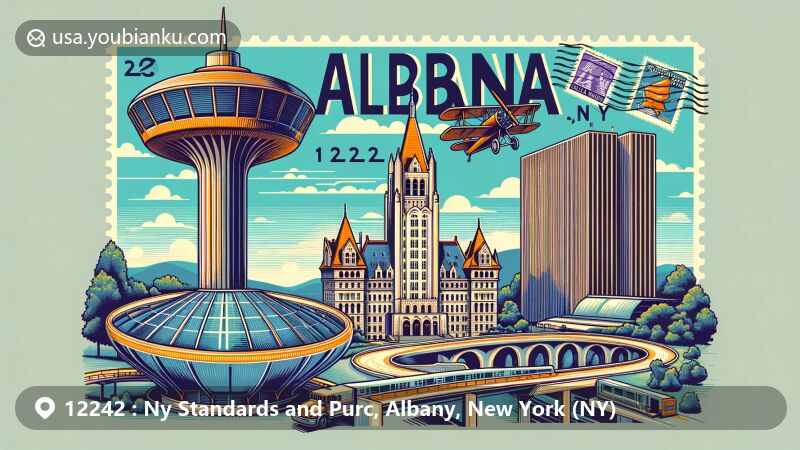 Modern illustration of Albany, New York, depicting iconic landmarks like Corning Tower Observation Deck and Empire State Plaza, with postal elements including air mail envelope and vintage stamps.