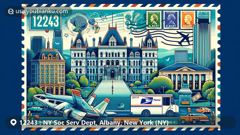 Modern illustration of Albany, New York, with landmarks like New York State Capitol, Schuyler Mansion, and Empire State Plaza, merged with postal elements showcasing vintage airmail theme and ZIP code 12243.