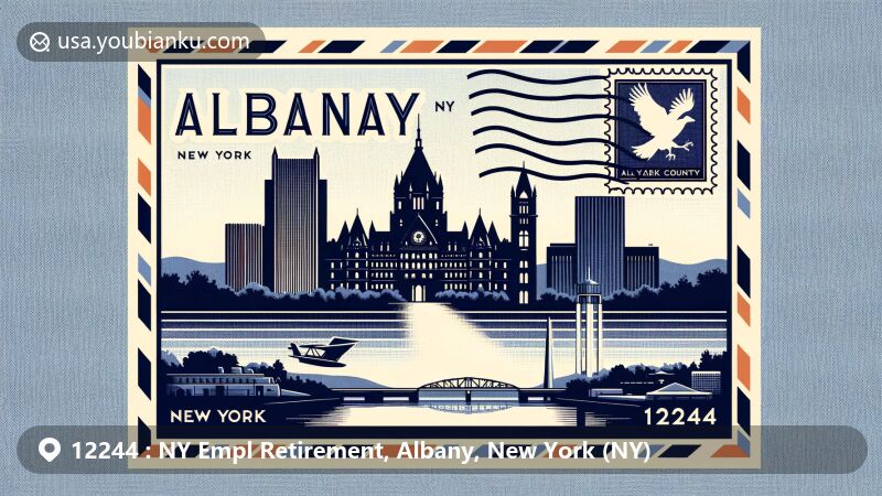 Modern illustration of Albany, NY 12244, showcasing postcard design with vintage postal elements and local landmarks like New York State Capitol and Empire State Plaza.