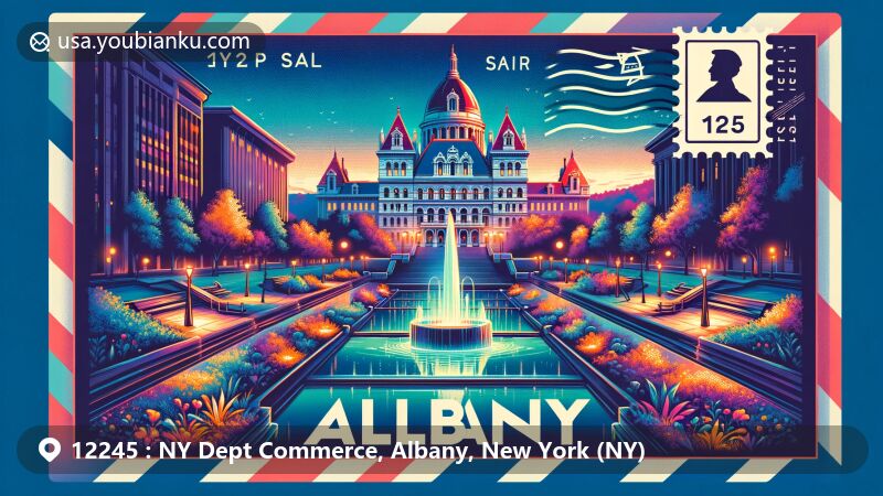 Modern illustration of Albany, New York, showcasing 12245 ZIP code area with State Capitol, Empire State Plaza, Cohoes Falls, and #CapitalWalls murals, merging architectural beauty, natural scenery, and public art. Vintage postal elements add cultural richness.