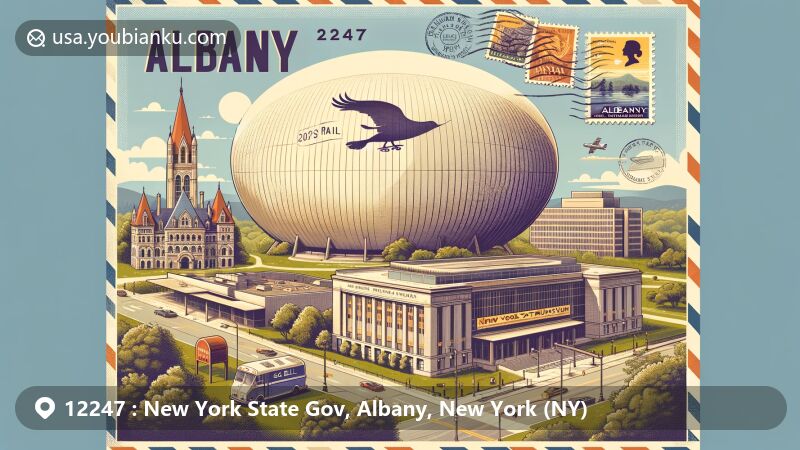 Modern illustration of Albany, New York, showcasing postal theme with ZIP code 12247, featuring the Egg Performing Arts Center and the New York State Museum.