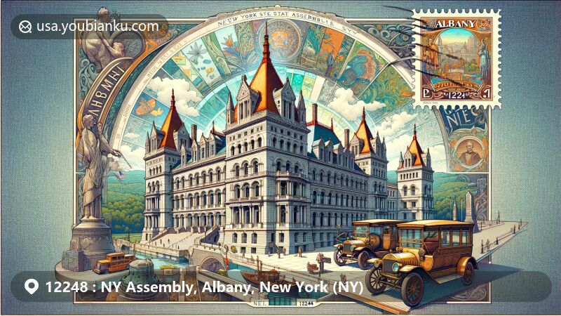 Modern illustration of Albany, NY, emphasizing the postal theme with ZIP code 12248, showcasing the iconic New York State Capitol and postal elements, including a vintage air mail scene with stamps and postal marks.