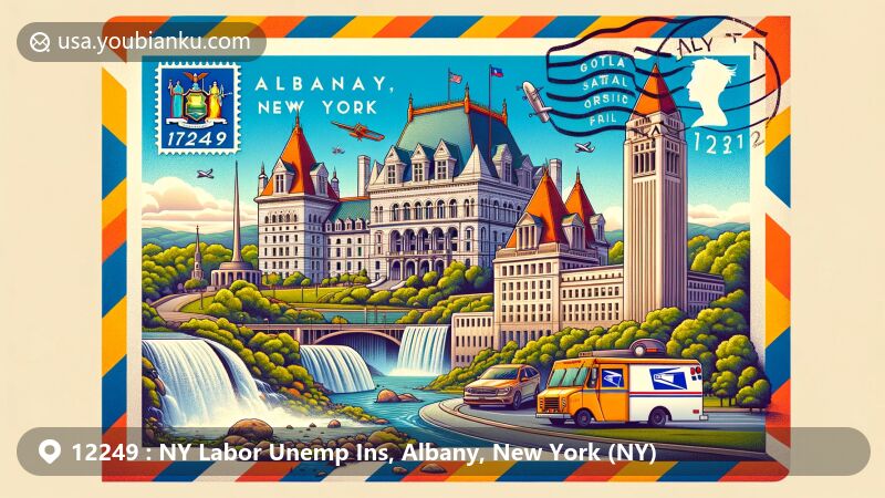 Modern illustration of NY Labor Unemp Ins area in Albany, New York, featuring NY State Capitol, Empire State Plaza, Cohoes Falls, and postal elements like vintage postal van and NY State flag.