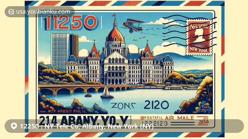 Vintage illustration of Albany, New York, featuring the New York State Capitol Building, Hudson River elements, and postal theme with ZIP code 12250, showcasing city's heritage and vibrancy.