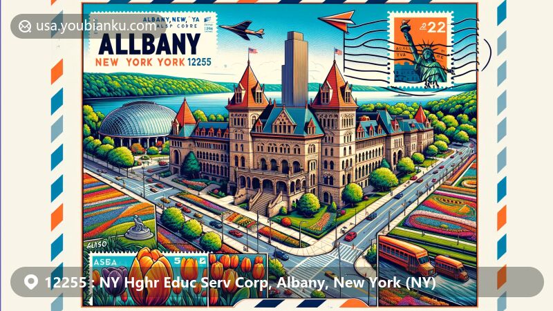 Modern illustration of Albany, New York, emphasizing postal elements and local landmarks like New York State Museum, Washington Park, and the Hudson River, creatively integrated into postal-themed design.