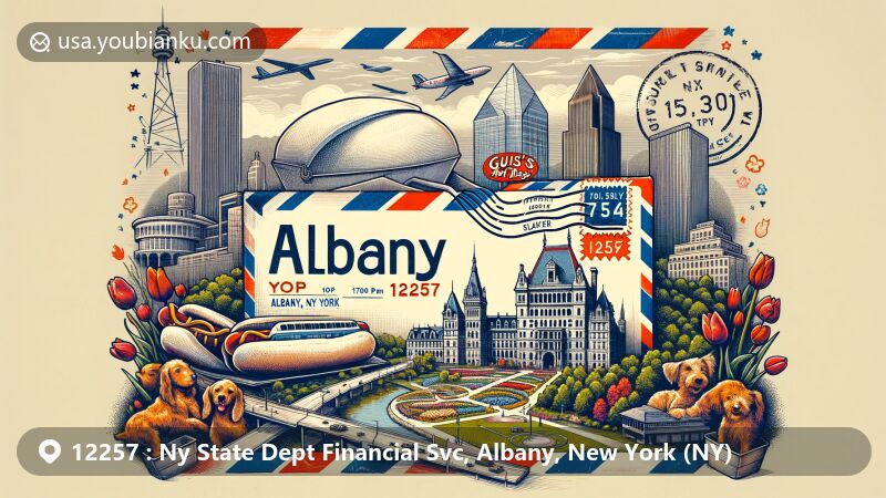 Modern illustration of Albany, New York for ZIP code 12257, featuring vintage airmail envelope with Empire State Plaza, Washington Park, Gus's Hot Dogs, USS Slater, and Schuyler Mansion.
