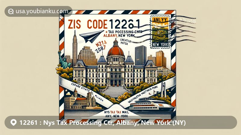 Modern illustration of Nys Tax Processing Ctr in Albany, New York, featuring iconic landmarks such as Empire State Plaza, New York State Museum, Washington Park, and Hudson River. The artwork incorporates postal elements like a vintage airmail envelope with ZIP code 12261, a stamp showcasing Albany's landmarks, and a postmark with date.