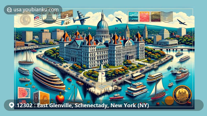 Modern depiction of East Glenville, Schenectady, New York, showcasing postal theme with ZIP code 12302, featuring Vischer Ferry Nature and Historic Preserve, Morning Kill Preserve, Indian Meadows Park, Pruyn House, Water’s Edge Lighthouse, and vintage postal elements.