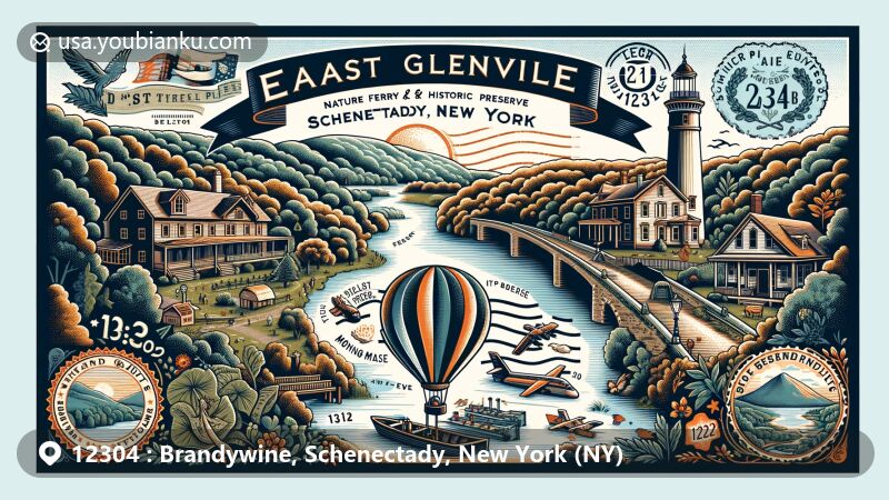 Modern illustration of Brandywine, Schenectady, New York, showcasing postal theme with ZIP code 12304, featuring historic Stockade District, Liberty Flag of Schenectady, Dutch colonial elements, and New York state flag.