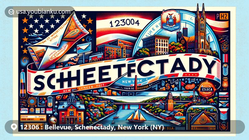 Modern illustration of Bellevue, Schenectady, New York, portraying industrial heritage with stylized GE Main Plant, showcasing lush parks like Fairview and Hillhurst, featuring vintage air mail envelope with '12306' ZIP Code stamp, Schenectady postmark, and American mailbox.