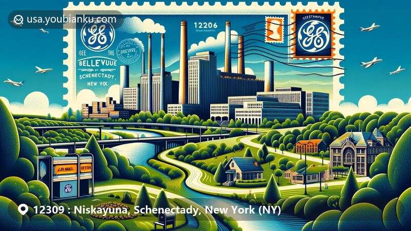 Modern illustration of Niskayuna, Schenectady, New York, depicting lush greenery, the Mohawk River, and a postal-themed design with ZIP code 12309, reflecting a balance of history, scenic beauty, and community spirit.