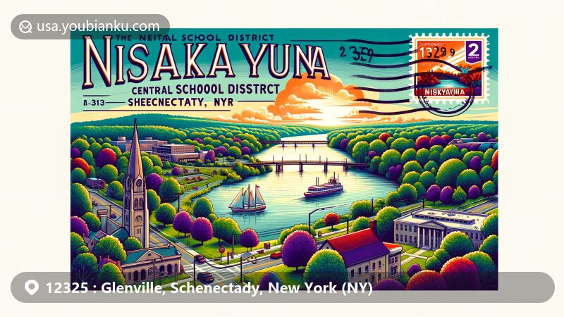 Modern illustration of Glenville, Schenectady, New York, showcasing Glen-Sanders House, Mohawk River, and postal theme with ZIP code 12325, featuring traditional postcard elements and balanced blend of natural, historical, and postal elements in green, blue, and earth tones.