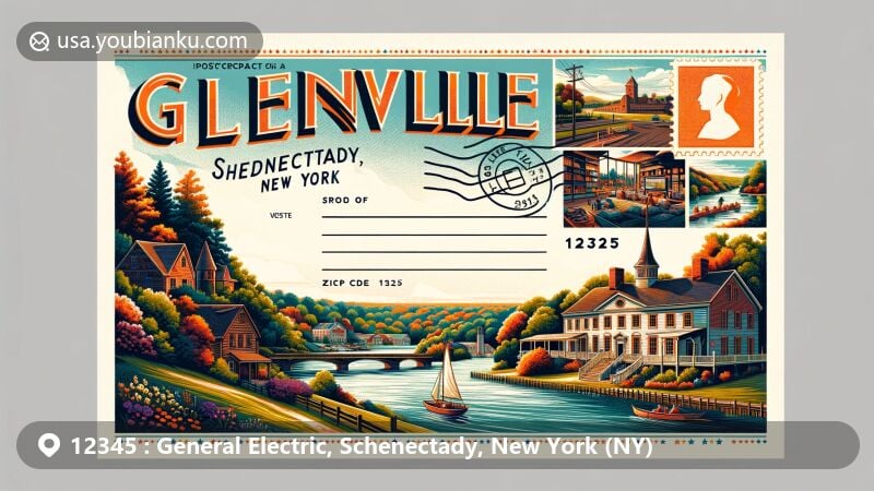 Modern illustration of Schenectady, New York, showcasing ZIP code 12345, featuring iconic Stockade Historic District and postal elements like vintage air mail envelope, stamps, and a mail delivery truck.