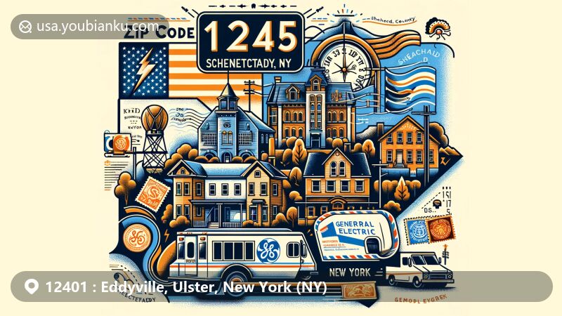 Modern illustration of Eddyville area, Ulster County, New York, showcasing postal theme with Eddyville Dam and Falls, Catskill Mountains backdrop, Ashokan-Turnwood Covered Bridge stamp, and Lenape cultural symbols, highlighting historical and cultural features.
