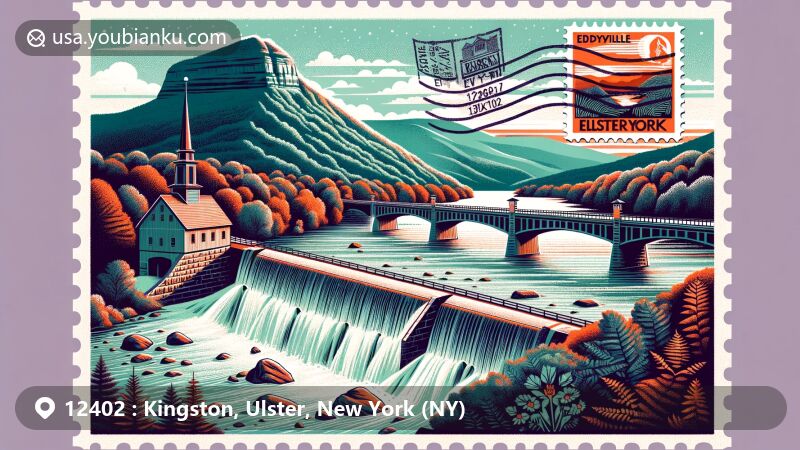 Modern illustration of Kingston, Ulster County, New York, featuring Stockade District, Rondout-West Strand Historic District, and Hudson River Maritime Museum, with postal theme and ZIP code 12402.