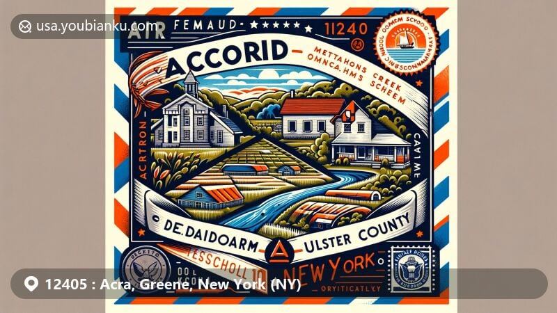 Modern illustration of Acra, Greene, New York, featuring Acra Point, vintage airmail envelope, lush forests, rolling hills, representative postage stamp with ZIP code 12405, possibly depicting iconic NY symbols like Statue of Liberty or state outline.
