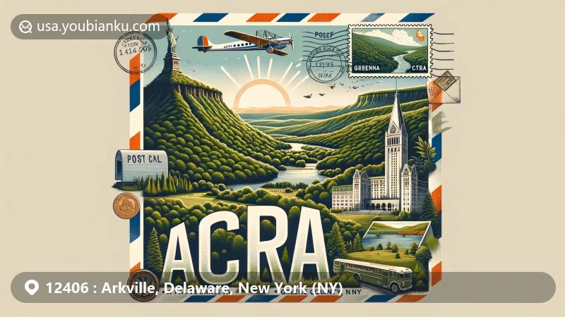 Modern illustration of Arkville, Delaware County, New York, featuring the iconic Delaware & Ulster Railroad winding through Catskill Mountains, with lush greenery and picturesque landscapes. Includes vintage postage stamp, 'Arkville, NY 12406' postmark, and hand-written ZIP code.