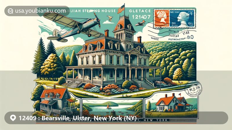 Modern illustration of Bearsville, Ulster County, New York, showcasing scenic beauty and artistic heritage with Catskill Mountains, Bearsville Center's music tradition, and natural parks, integrated with postal elements like airmail envelope and ZIP code 12409.