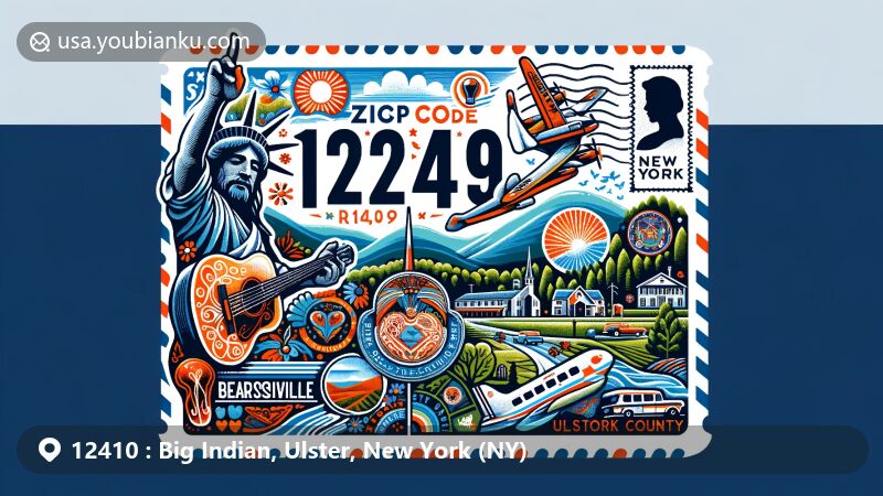 Modern illustration of Big Indian, Ulster, New York, featuring postal theme with ZIP code 12410, showcasing Esopus Creek, Birch Creek, and Big Indian Mountain against the backdrop, paying homage to Native American heritage.
