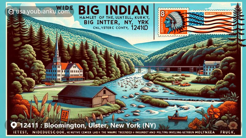 Modern illustration of Bloomington, NY, emphasizing rural charm and postal heritage, featuring Catskill Mountains or local vineyards, with a creative depiction of a post office since 1897.