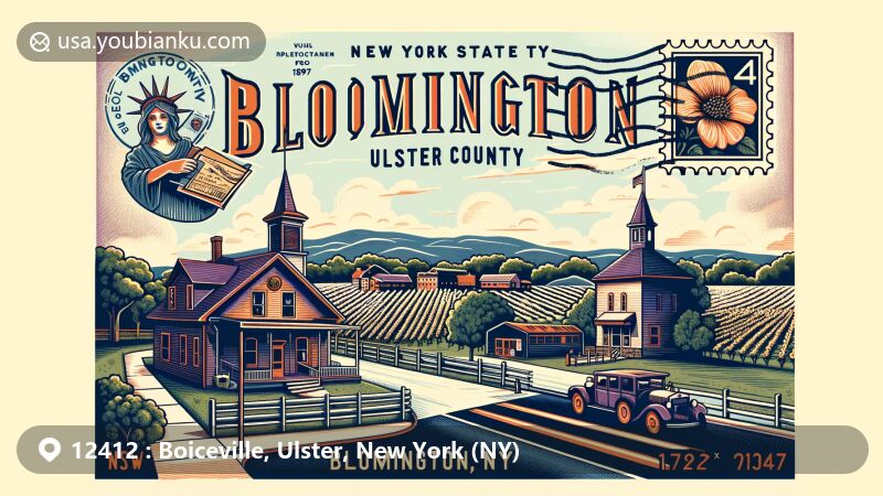 Modern illustration of Boiceville, Ulster County, New York with ZIP code 12412, featuring postal theme and iconic local landmarks like Catskill State Park, historic Cold Brook station, Boiceville Inn, and scenic Ashokan Reservoir.