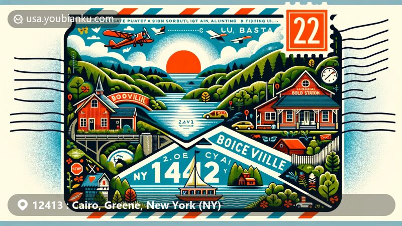Modern postcard illustration of Cairo, Greene County, New York, highlighting ZIP code 12413, featuring Artist Falls, Angelo Canna Town Park, and the world's oldest forest. Postal theme with stamps and marks, capturing regional flair and cultural elements.