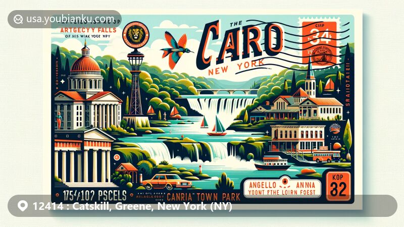 Modern illustration of Catskill village, Greene County, New York, highlighting Historic Catskill Point, Freightmasters Building, Catskills Beverage Trail, and postal theme with ZIP code 12414.