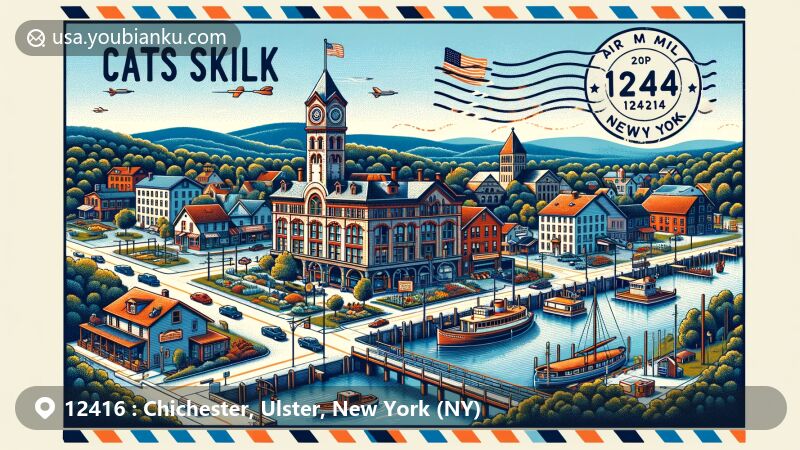 Modern illustration of Chichester, Ulster County, New York, capturing the scenic Catskill Mountains, historical charm, and postal theme with ZIP code 12416, featuring Sheridan Mountain and Stony Clove Creek.