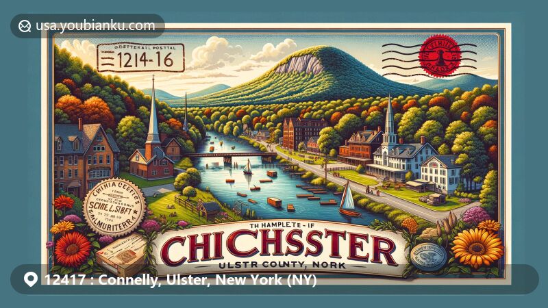 冬季Catskill山脉风景插图，呈现出Connelly, Ulster, New York (NY)邮编12417的富有邮政主题的场景。画面由一封复古航空邮件信封构成，上面写着“Connelly, NY 12417”，放置在室外咖啡馆木桌上。信封装饰有特制邮票，标有Ulster县徽以及“Connelly, NY 12417”的邮戳。背景是雪覆盖的Catskill山脉壮丽景观，展示人们在冰爬活动中的瞬间，朋友聚坐火坑旁，带来Catskill冰爬节及Ulster县户外体验的联想。画面融合了邮政元素与Connelly和Ulster县独特冬季魅力和户外活动精神，邀请观众探索该地区的美景和活动。
