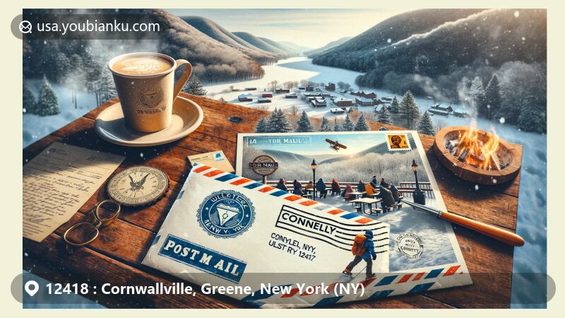Modern illustration of Cornwallville, Greene County, New York, featuring Shady Glen Road Stone Arch Bridge and lush Catskill Mountains landscape, with vintage postal theme including ZIP code 12418.