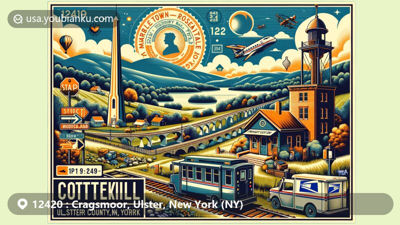 Modern illustration of Cragsmoor, Ulster, New York, showcasing postal theme with ZIP code 12420, featuring Shawangunk Ridge natural beauty and Cragsmoor Historic District's architectural styles.