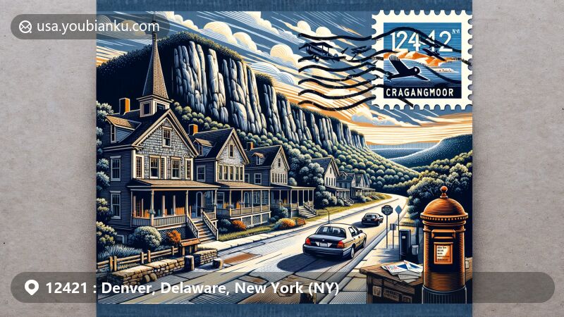 Modern illustration of Denver, New York, showcasing rural charm with postal theme of ZIP code 12421, featuring Catskill Mountains scenery and vintage postcard elements.