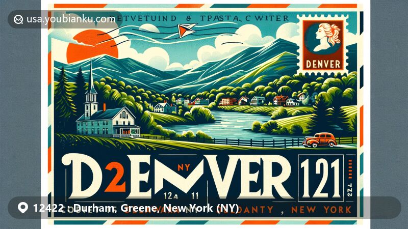 Modern illustration of Durham, Greene County, New York, representing ZIP code 12422, featuring Catskill Mountains backdrop and historic Susquehanna Turnpike, with stylized air mail envelope highlighting Durham's emblem or Moore Road Stone Arch Bridge, along with '12422 Durham, NY'. Includes local folk art from Durham Center Museum, showcasing region's rich history and cultural heritage.