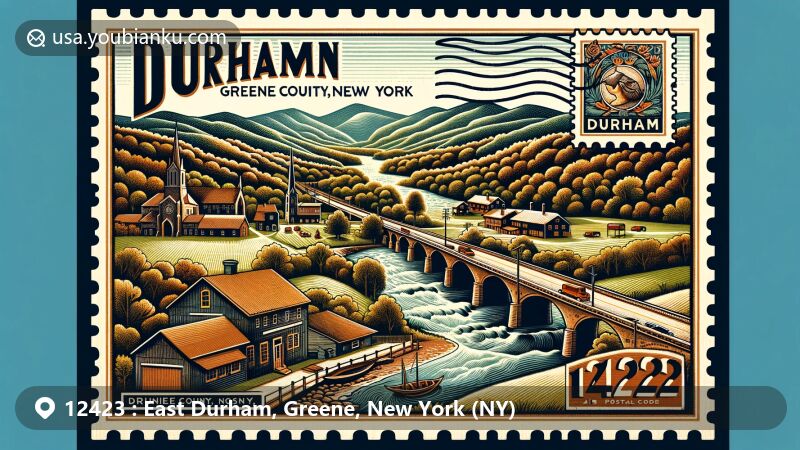 Modern illustration of East Durham, Greene County, New York, featuring postal theme with ZIP code 12423, showcasing Zoom Flume water park, Irish cultural symbols, and scenic landscape.