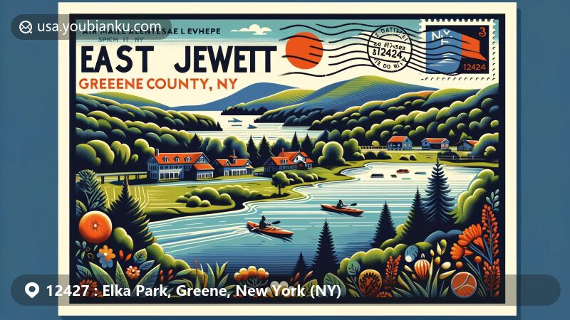 Modern illustration of Elka Park, Greene County, New York (NY), featuring vintage-style postcard layout with postal elements, capturing the essence of ZIP Code 12427, postage stamps, and a postmark, highlighting the late 19th-century summer cottages, observation tower, Sugarloaf and Plateau Mountains.