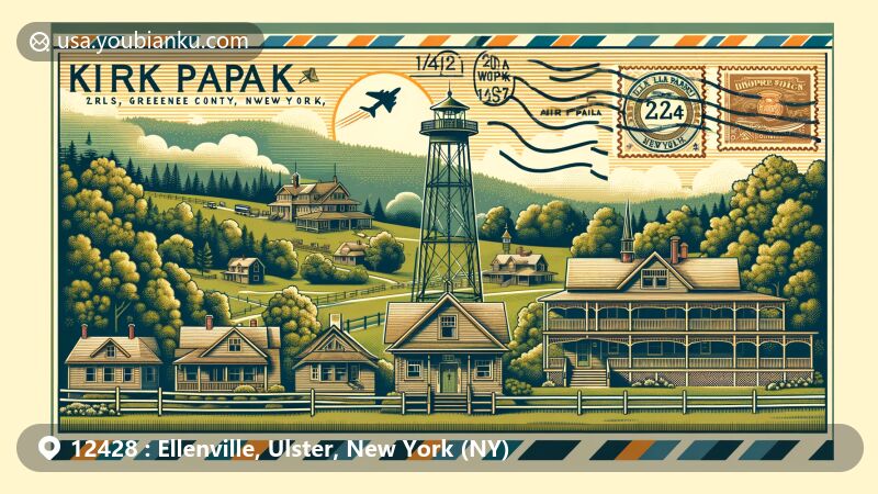 Modern illustration of Shawangunk Ridge in Ellenville, Ulster County, New York, featuring hang gliders soaring in the sky and showcasing historical architectural styles of the downtown area.