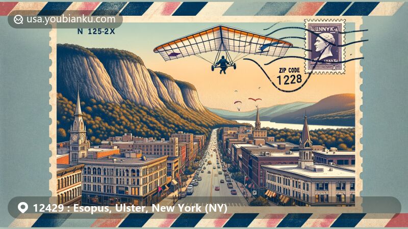 Modern illustration of Esopus, Ulster County, New York, showcasing postal theme with ZIP code 12429, featuring Esopus Meadows Lighthouse and Perrine's Bridge, symbolizing historical richness and Hudson River proximity.