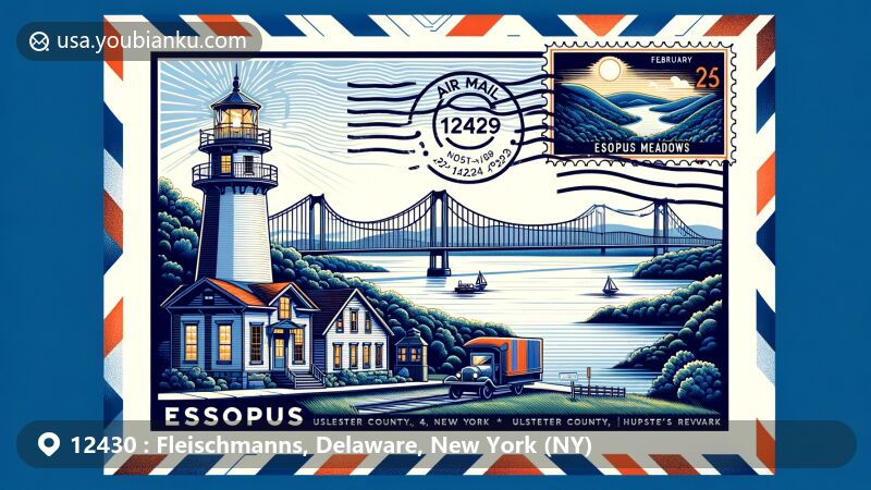 Modern illustration of Fleischmanns, Delaware County, New York, featuring postal theme with ZIP code 12430, showcasing Belleayre Mountain Ski Center, forest preserve land, and multicultural summer ambiance.