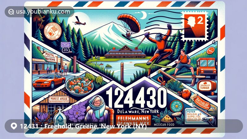 Modern illustration of Freehold, New York, highlighting natural beauty with Catskill Mountains and countryside, showcasing postal theme with ZIP code 12431, featuring Freehold Airport and regional symbols.