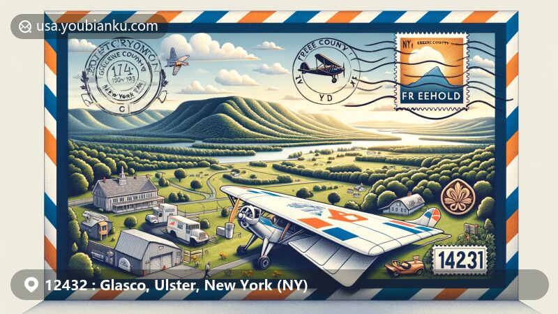 Modern illustration of Falling Waters Preserve in Glasco, Ulster County, New York, highlighting rugged beauty along the Hudson River with rock ledges, Catskills views, and a picturesque waterfall, integrating historical and postal elements.