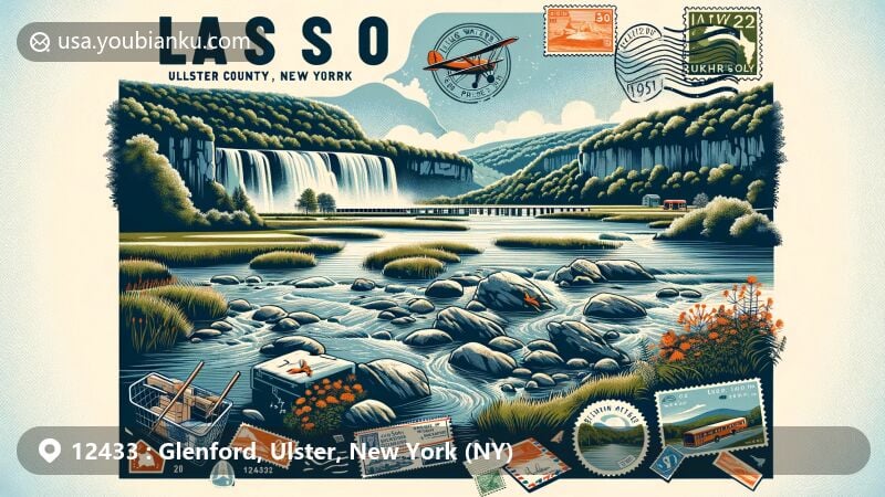 Wide modern illustration of Glenford, Ulster, New York (NY) with ZIP code 12433, featuring Catskill Mountains, postal theme with air mail envelope, postage stamp, and postal truck, highlighting Maverick Concert Hall. Background includes Ulster County outline and New York state flag elements.
