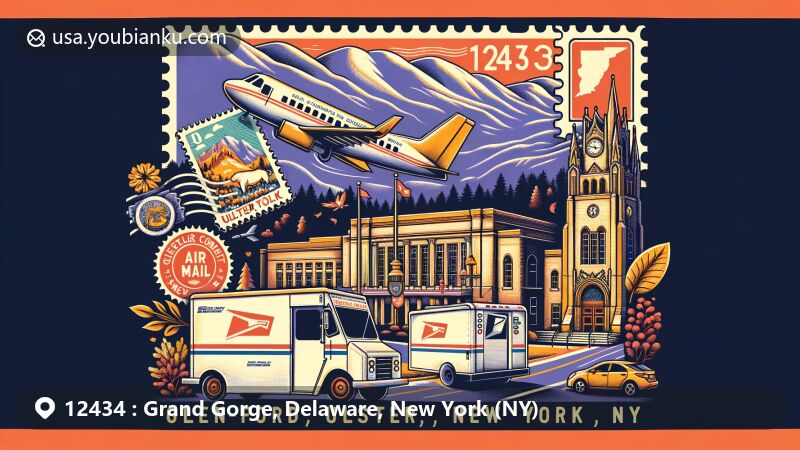 Modern illustration of Grand Gorge, Delaware County, NY, featuring a vintage airmail envelope showcasing Catskills scenery, Plattekill Mountain, and Catskill Scenic Trail, with subtle integration of Delaware County outline and postal elements.