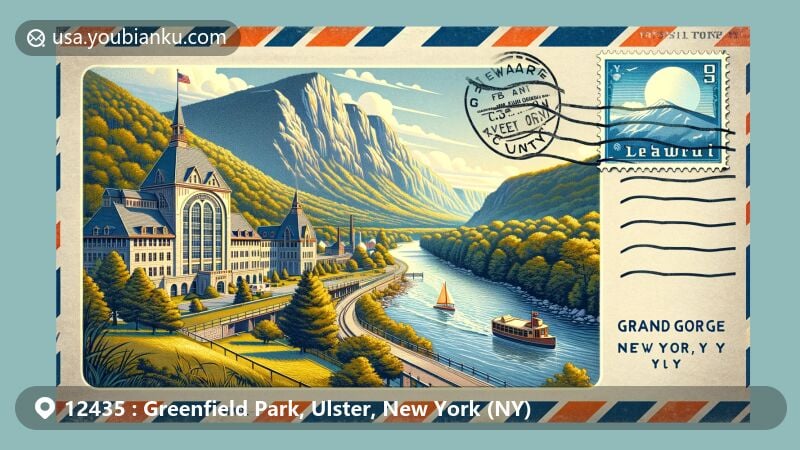 Modern illustration of Greenfield Park, Ulster County, New York, capturing its natural beauty and tranquil charm, featuring Yogi Bear's Jellystone Camp and a stylized postal theme with ZIP code 12435.