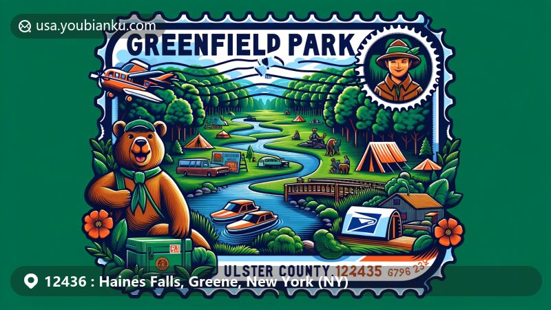Modern illustration of Haines Falls, Greene County, New York, featuring Kaaterskill Falls, the highest two-tier waterfall in the state, surrounded by lush greenery and vintage postal elements.