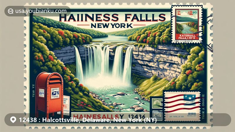 Modern illustration of Halcottsville, Delaware, New York, featuring Round Barn, a historic landmark and Pakatakan Farmers' Market center, surrounded by lush Catskill Mountains landscape and vintage postal theme with New York State flag and ZIP code 12438.