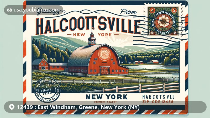 Modern illustration of East Windham, Greene County, New York, highlighting natural beauty and historical elements, with postal theme featuring black bear silhouette and tribute to hunter Barney Butts.
