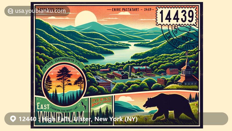 Modern illustration of High Falls, New York, depicting postal theme with ZIP code 12440, featuring iconic High Falls and Catskill Mountains on a vintage airmail envelope adorned with historical elements like High Falls Historic District, Delaware and Hudson Canal locks, and charming Main Street.