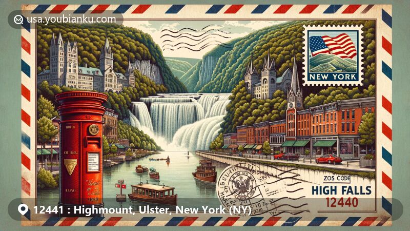 Modern illustration of Belleayre Mountain in Highmount, Ulster, New York, showcasing winter beauty with skiers, postal theme elements like vintage stamp and postal mark with ZIP code 12441.