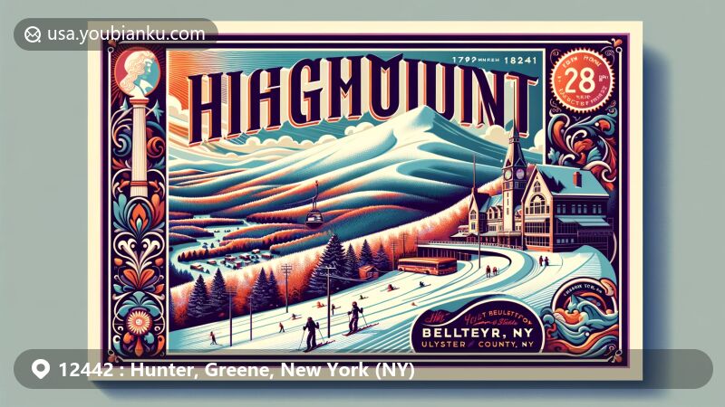 Modern illustration of Hunter, Greene County, New York, representing ZIP code 12442, highlighting Hunter Mountain in the Catskill Mountains, popular for skiing and hiking, and the fusion of postal theme with natural beauty.