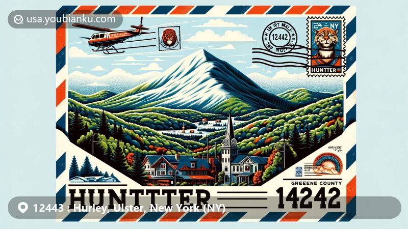Modern illustration of Hurley area in Ulster County, New York, featuring air mail envelope symbolizing communication, Old Hurley's Main Street with historic stone houses, bluestone motifs, Ulster County map outline, postal elements including vintage Ashokan Reservoir stamp and '12443' ZIP code.